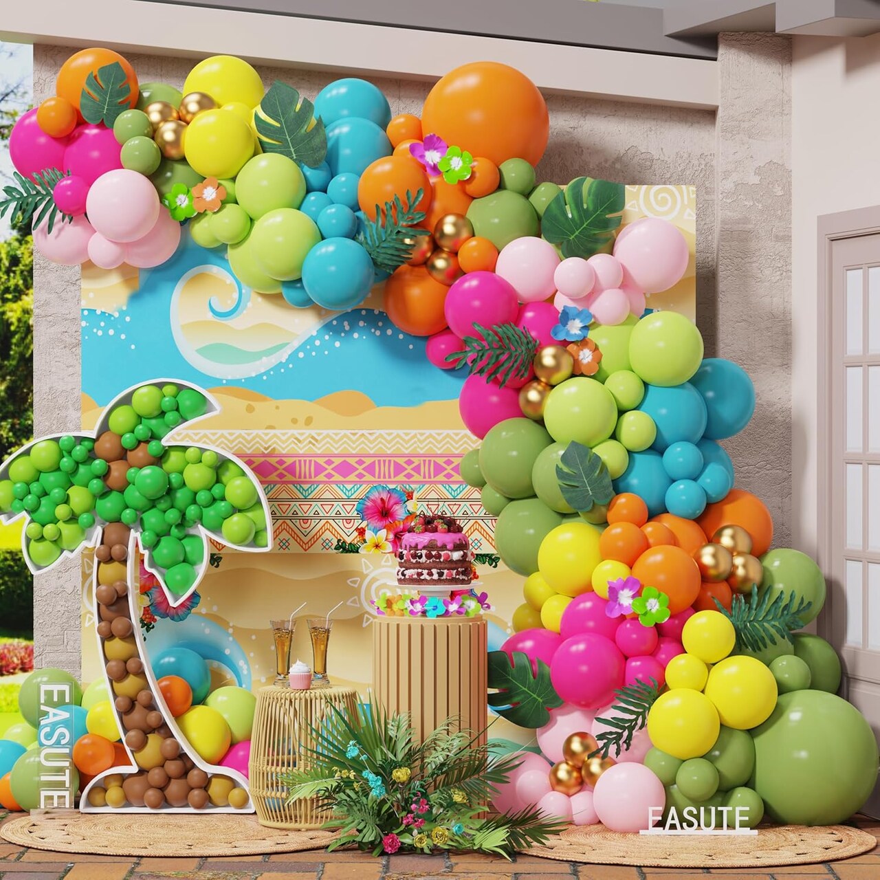 Tropical Balloon Garland Arch Kit 145Pcs Summer Hawaii Party Decorations with Palm Leaves and Pink Orange Blue Green Balloons for Luau Aloha Flamingo Beach Fiesta Birthday Party Supplies
